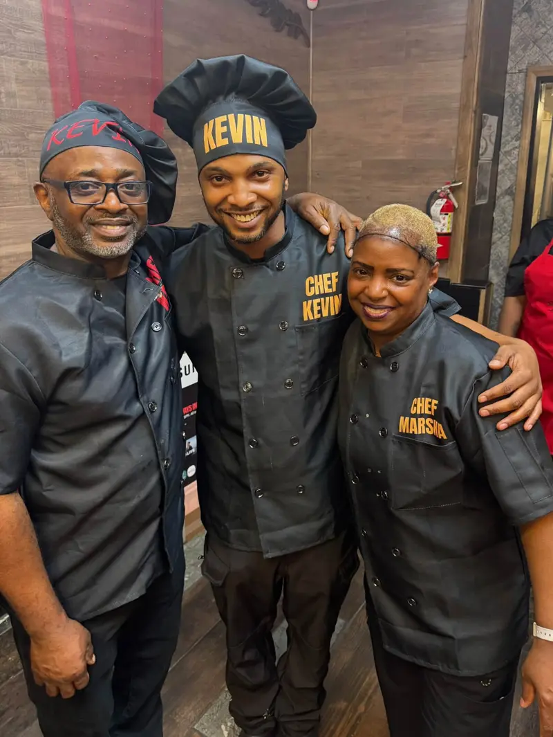 Chef Kevin, Chef Big Kevin, and Chef Marsha smiling together at Soul Food on 68