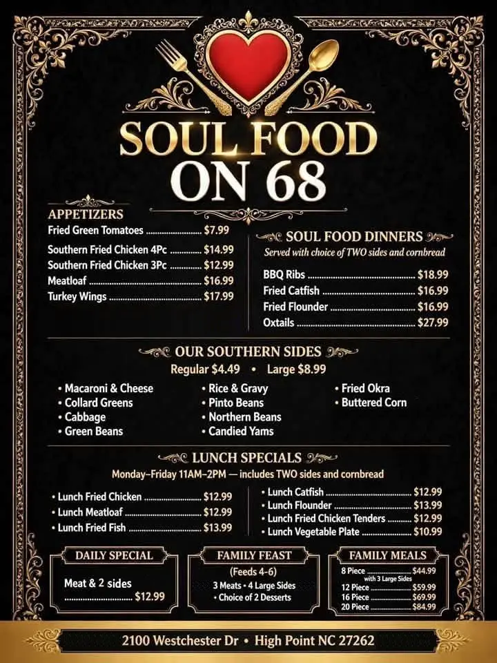 Soul Food on 68 menu listing appetizers, soul food dinners, Southern sides, lunch specials, a daily meat and two special, a family feast, and family meals with prices